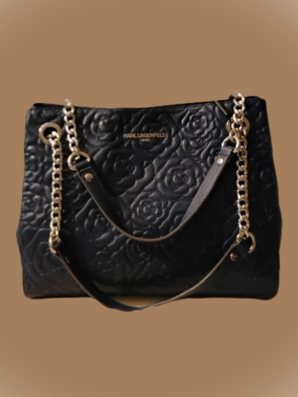 Karl Lagerfeld L-Garnce Shoulder Bag - Blue, Chain Handles, Floral Embossed
